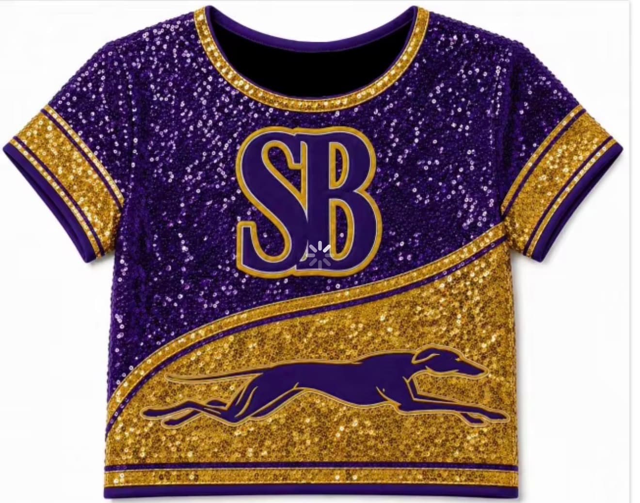 Front of the purple and gold Greyhound sequin jersey