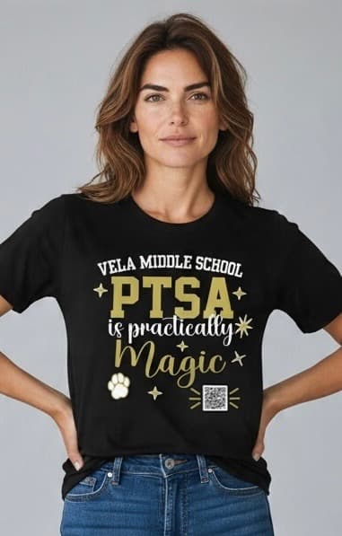 Black Moisés Vela Middle School PTSA shirt with a gold and white Practically Magic design