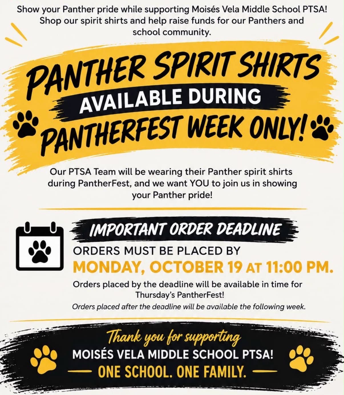 PantherFest spirit shirt flyer with the order deadline and Moisés Vela Middle School PTSA support message