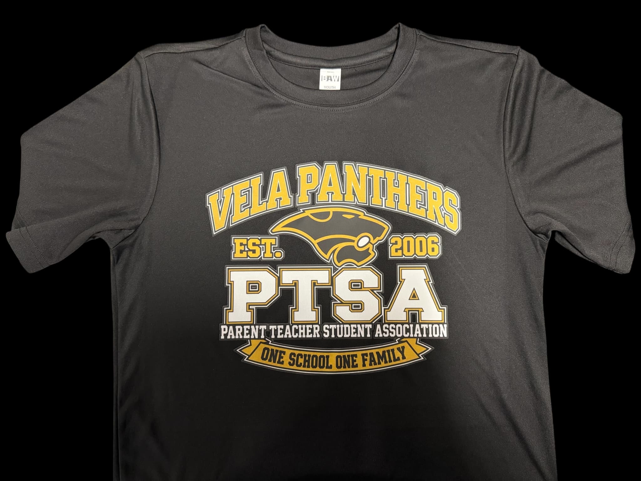 Black Vela Panthers PTSA shirt with gold, white, and gray school artwork