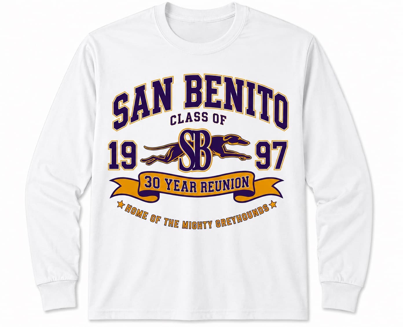 White long-sleeve San Benito Class of 1997 30-year reunion shirt