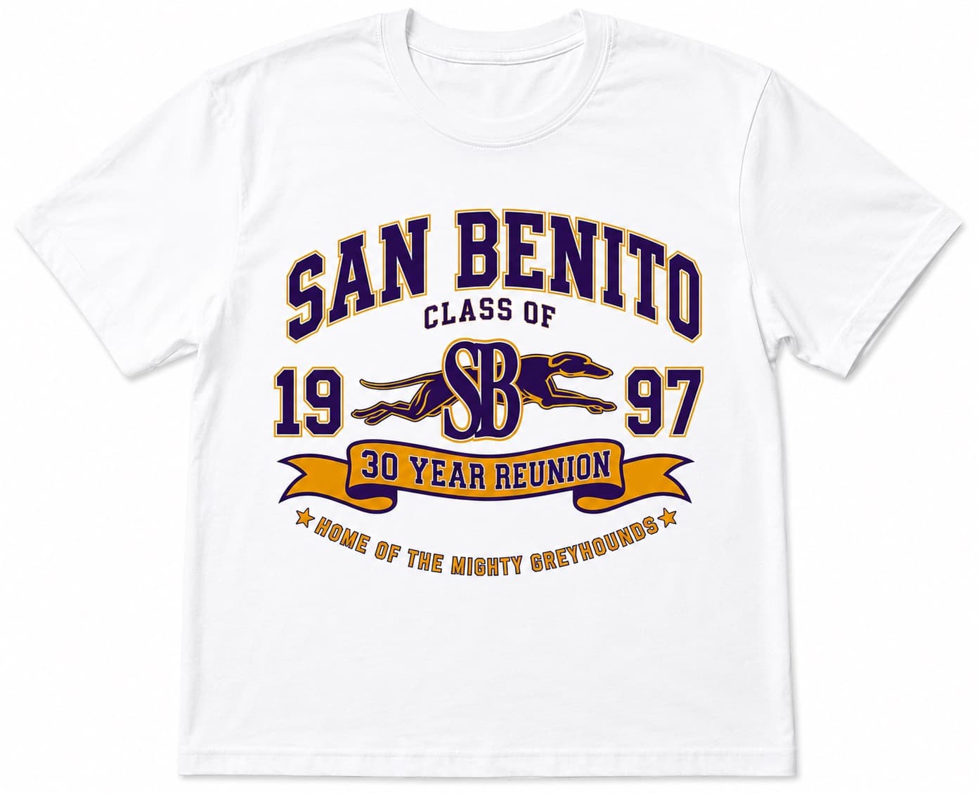 White short-sleeve San Benito Class of 1997 30-year reunion shirt